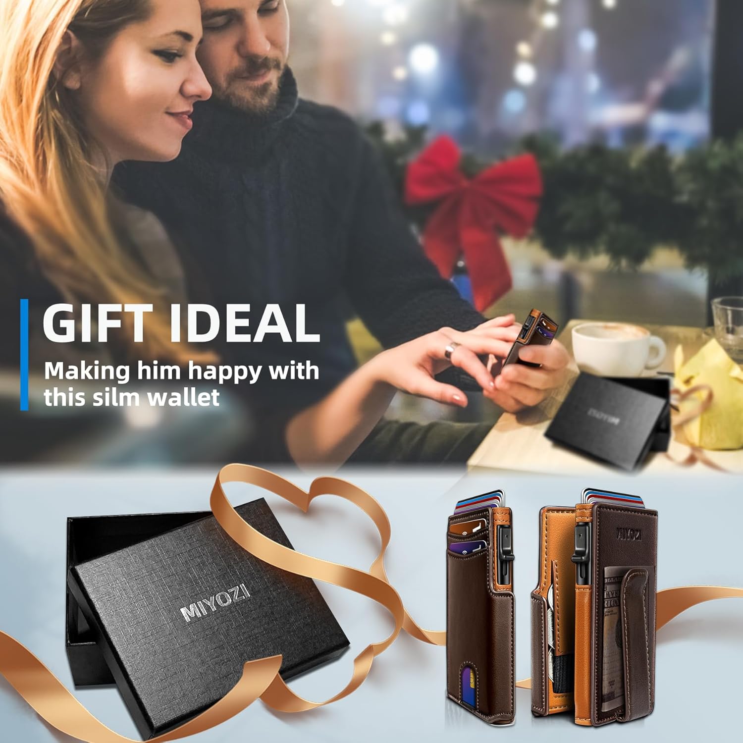 Wallet for Men Wallet with ID Window Slim Smart Pop Up Aluminum Card Holder, Bifold Minimalist Magnetic Closure RFID Blocking Wallet  9 Slots with Money Clip&Coins Pocket Gift Boxed