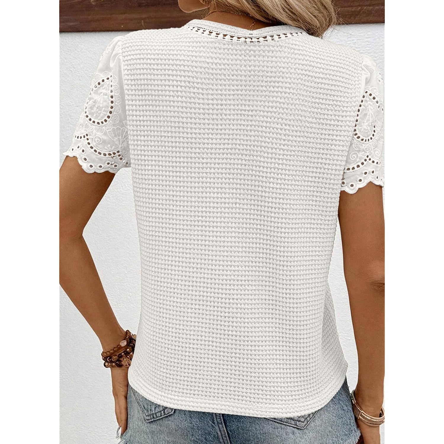 SHEWIN Womens Frenchy Summer Tops Crewneck Short Sleeve T Shirts Casual Waffle Knit Jacquard Blouses Top Shirts