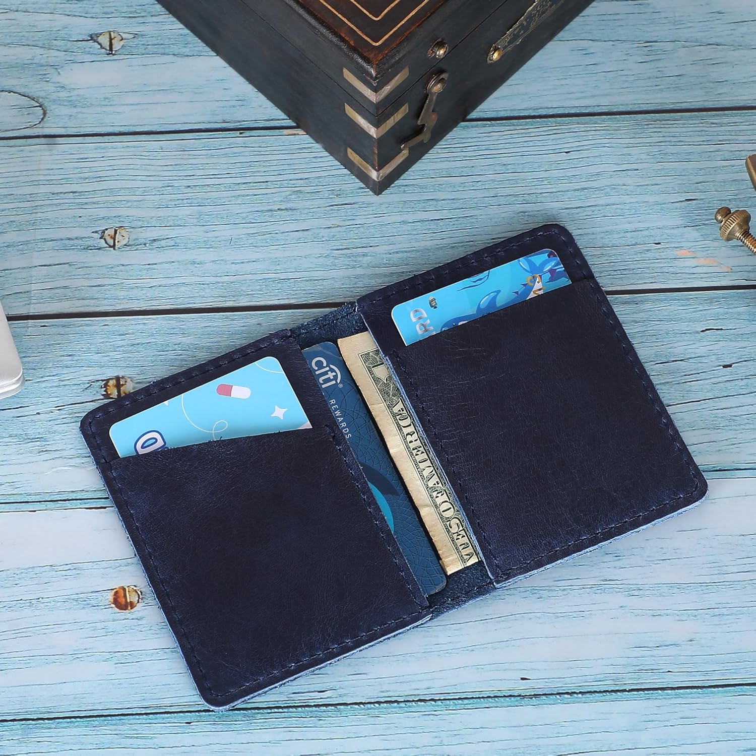 Blue Leather Card Holder for Men & Women - Credit Card Wallet Holds Up to 4 Cards, Compact Money Organizer, Bi-Fold Wallet for Front Pockets, Slim Credit Card Case Holder for Travel