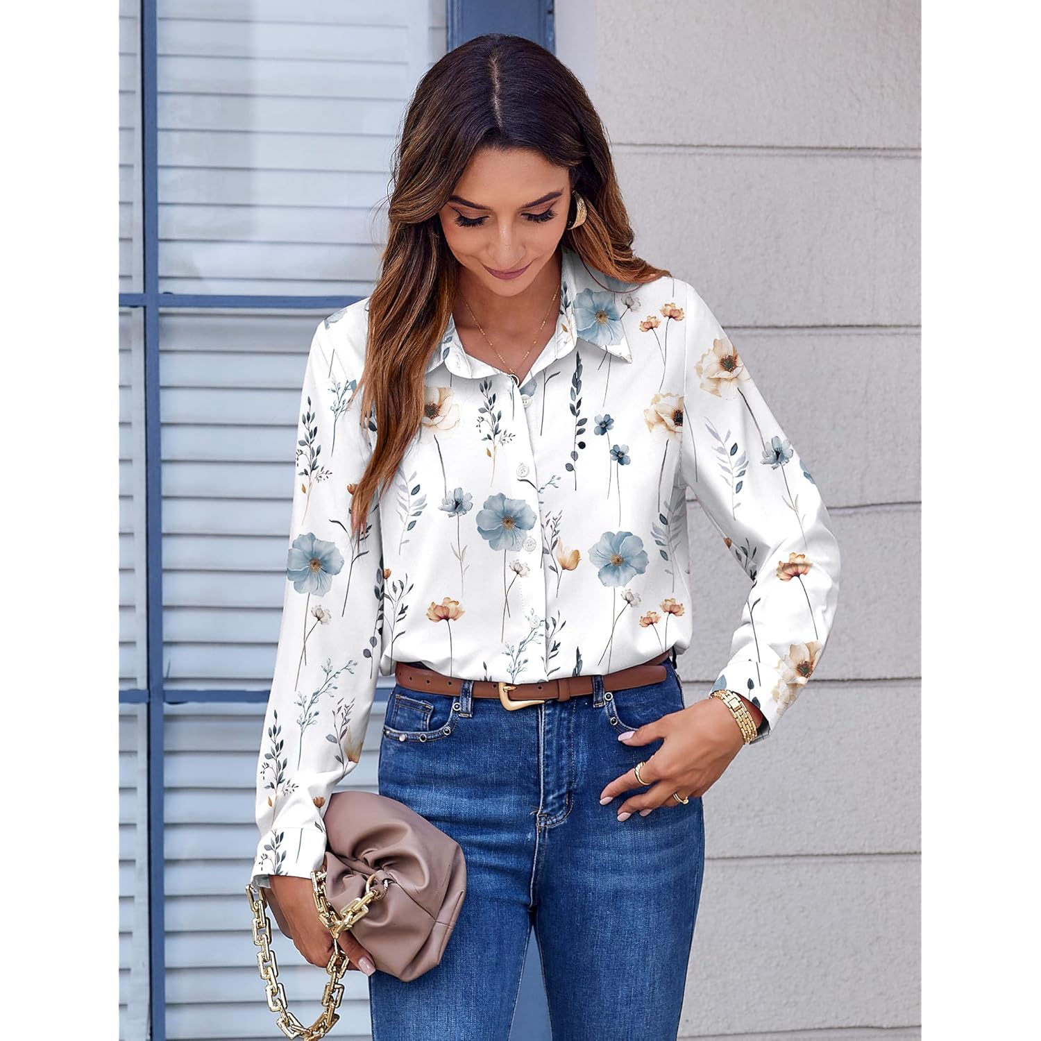 Zeagoo Button Down Shirts for Women Dressy Floral Printed Long Sleeve Blouse Business Casual Work Tops