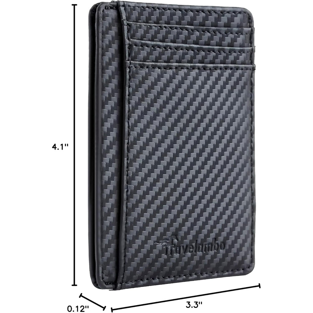 Travelambo Front Pocket Minimalist Leather Slim Wallet RFID Blocking Carbon Fiber Texture