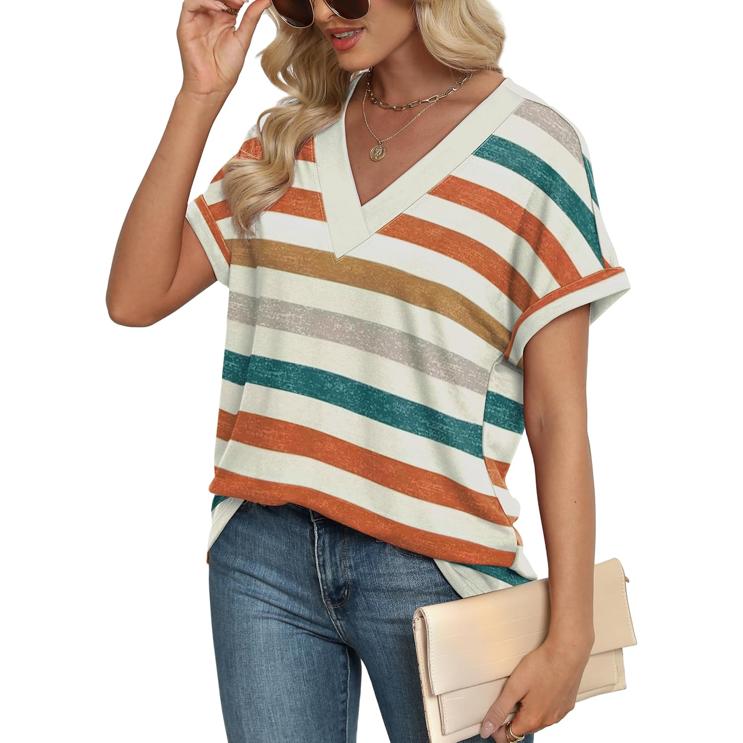 WIHOLL Womens Summer Tops Short Dolman Sleeve Shirts 2025 Fashion V Neck Outfits Clothes