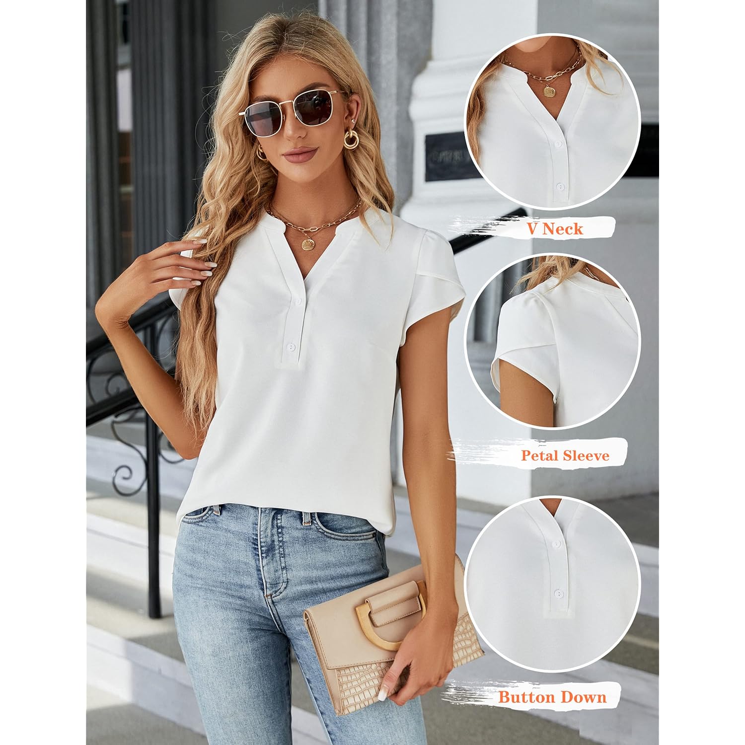 Women’s White V-Neck Button Down Blouse