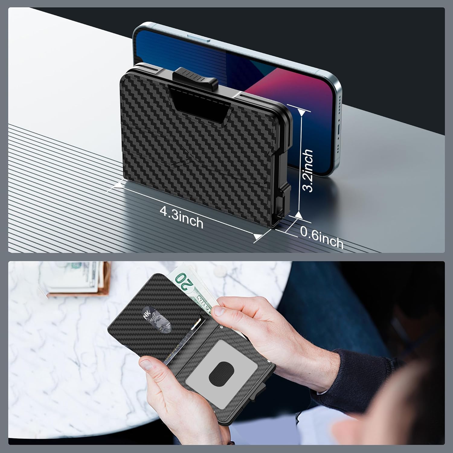 Wallet for Men - Pop Up Case, Cash Slot, and Credit Card Wallet - Slim Minimalist Aluminum Front Pocket Wallet with RFID Blocking/ID Window (Carbon Fiber)