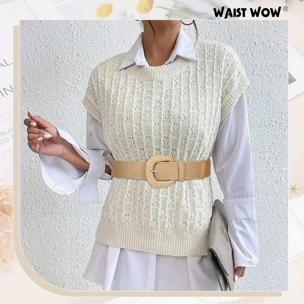 Straw Woven Elastic Belt for Women Stretchy Belts for Dress Fashion Boho Waist Belt Rattan Raffia Ladies Belts