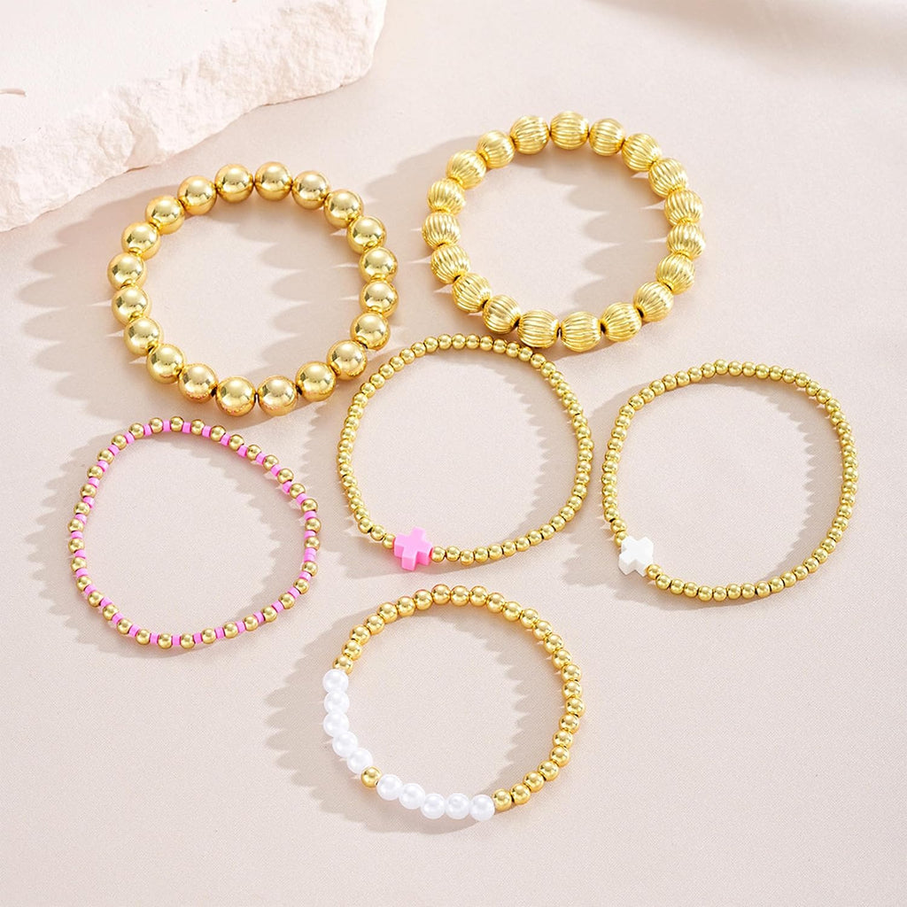 HUASAI Gold Beaded Bracelet Stack for Women Trendy Non Tarnish Chunky Stretch Paperclip Cross Pearl Bracelets Set Stackable Jewelry Costume Accessories