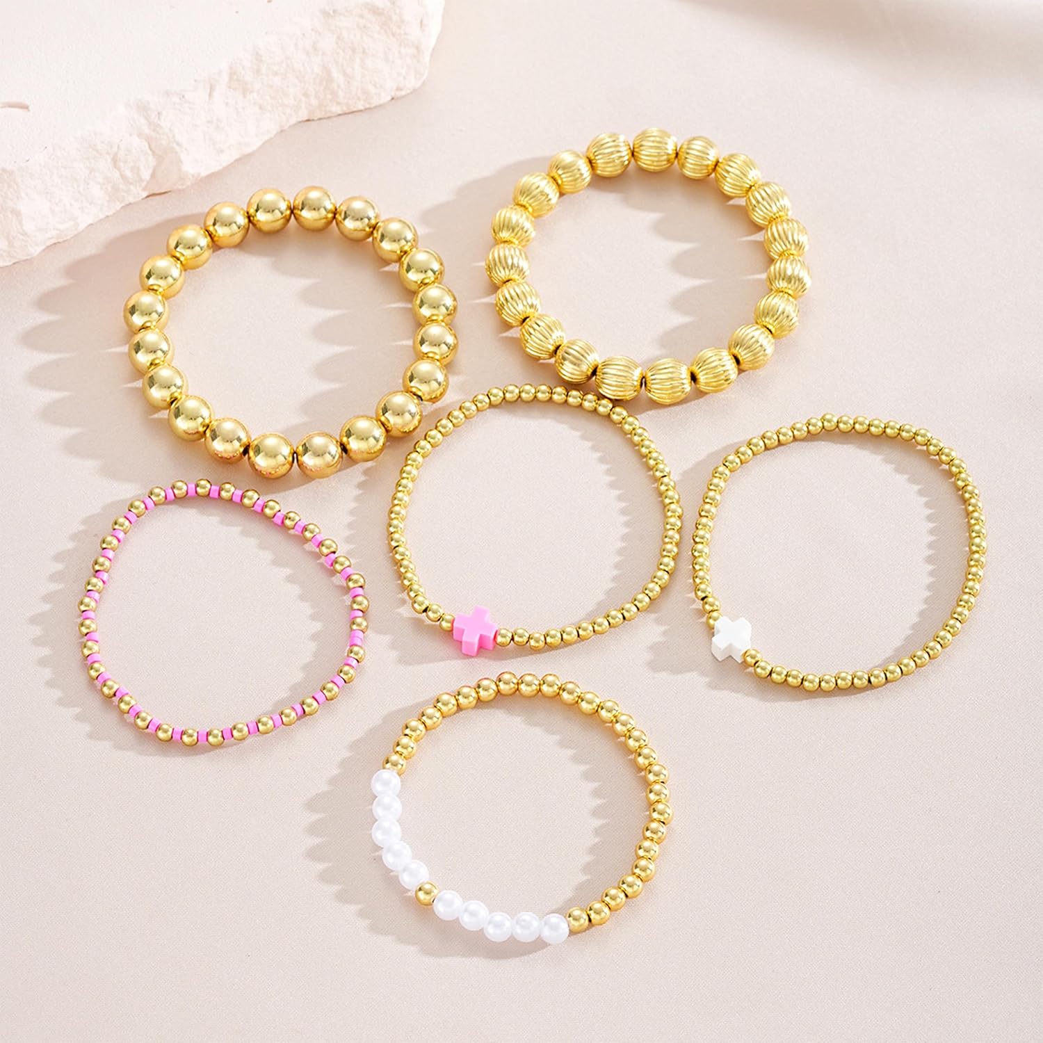 HUASAI Gold Beaded Bracelet Stack for Women Trendy Non Tarnish Chunky Stretch Paperclip Cross Pearl Bracelets Set Stackable Jewelry Costume Accessories