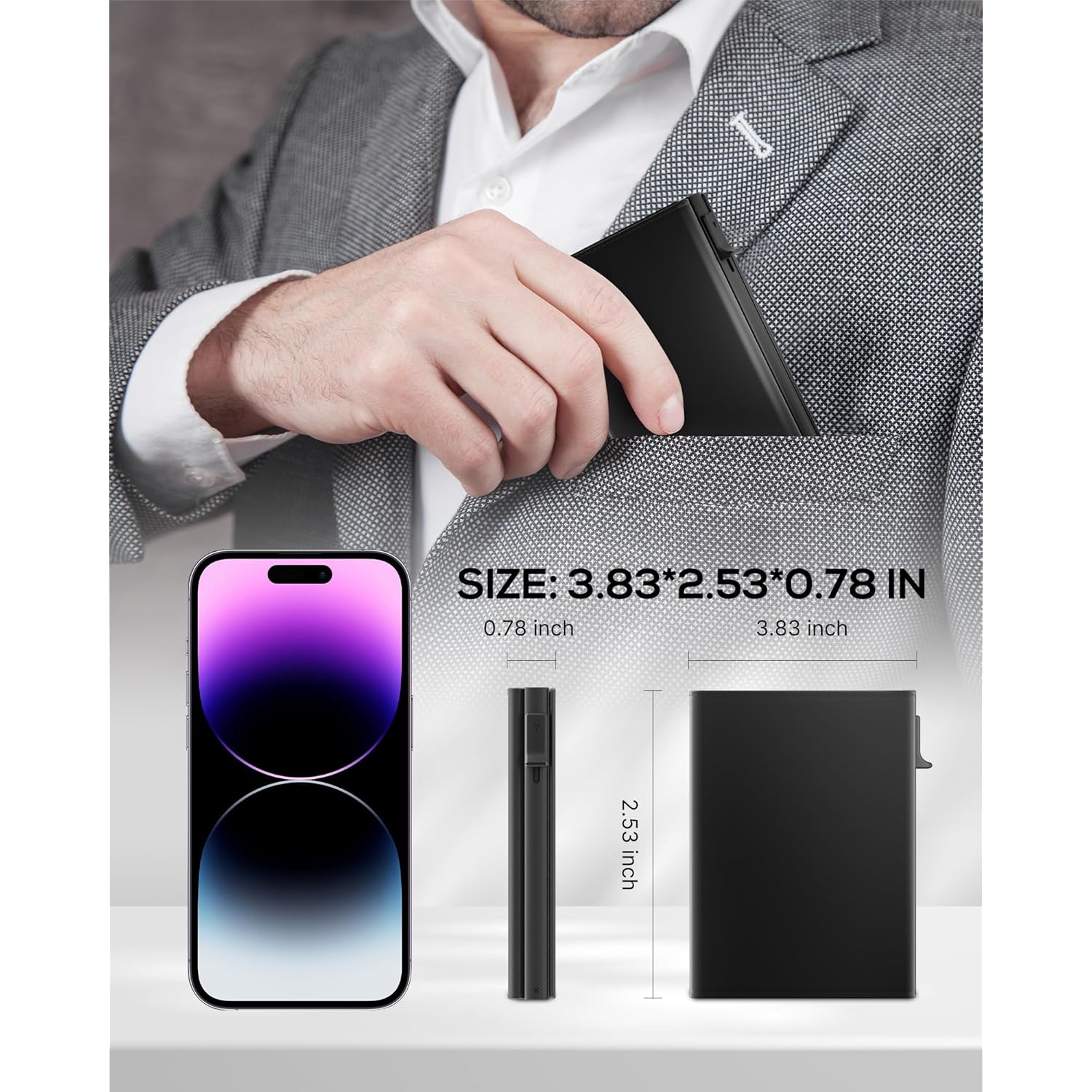 Mens Wallet Card Holder - Smart Wallet for Men, Pop Up Card Case, Top Grain Leather, RFID Blocking, Slim, Minimalist, Ultra Thin, Front Pocket, 9-14 Card Capacity | ID Window | Cash Slot (Black)