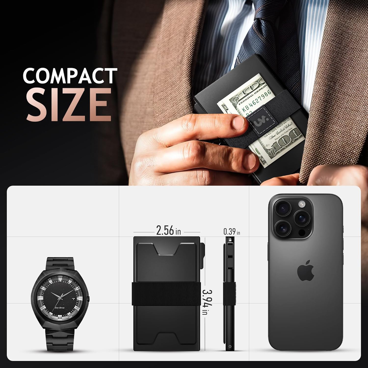 Slim Card Holder Wallet for Men, RFID Blocking Minimalist Mens Wallet, Metal Pop Up Wallet with Cash Band (Black)
