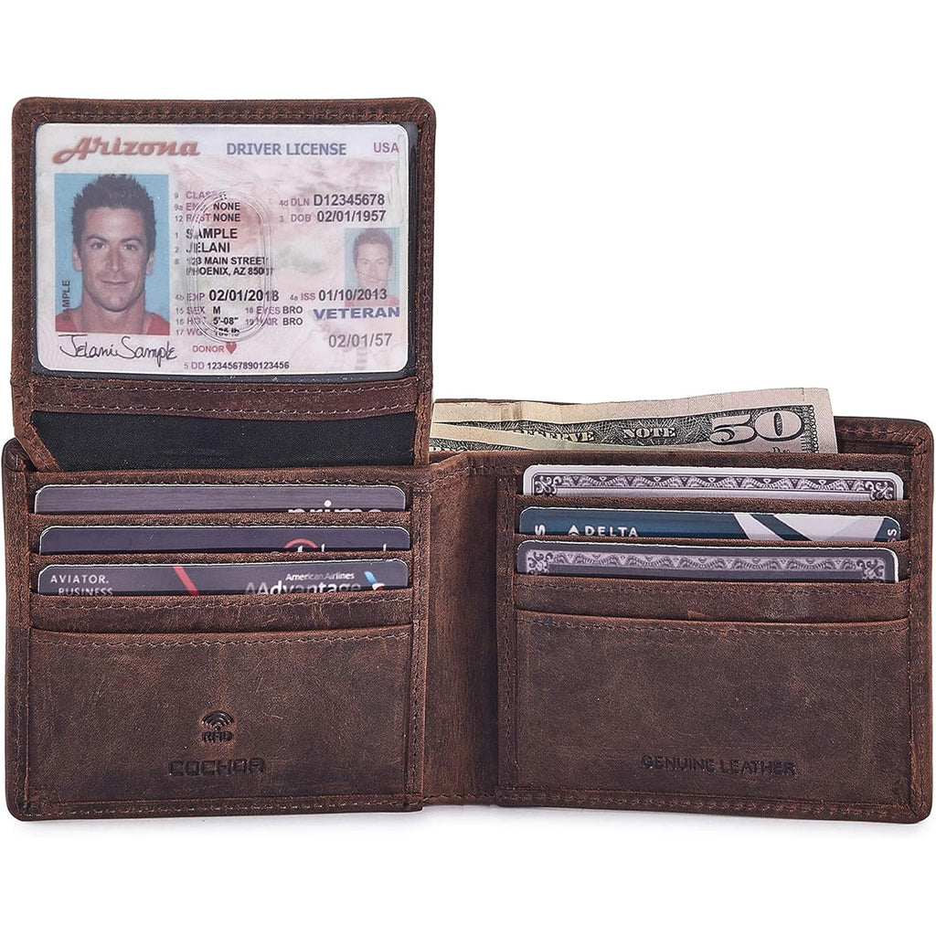 Bifold Wallet for Men's Real Genuine Slim Leather RFID Blocking 2 ID Windows Stylish Travel Gift Box (CRAZY HORSE, COGNAC)