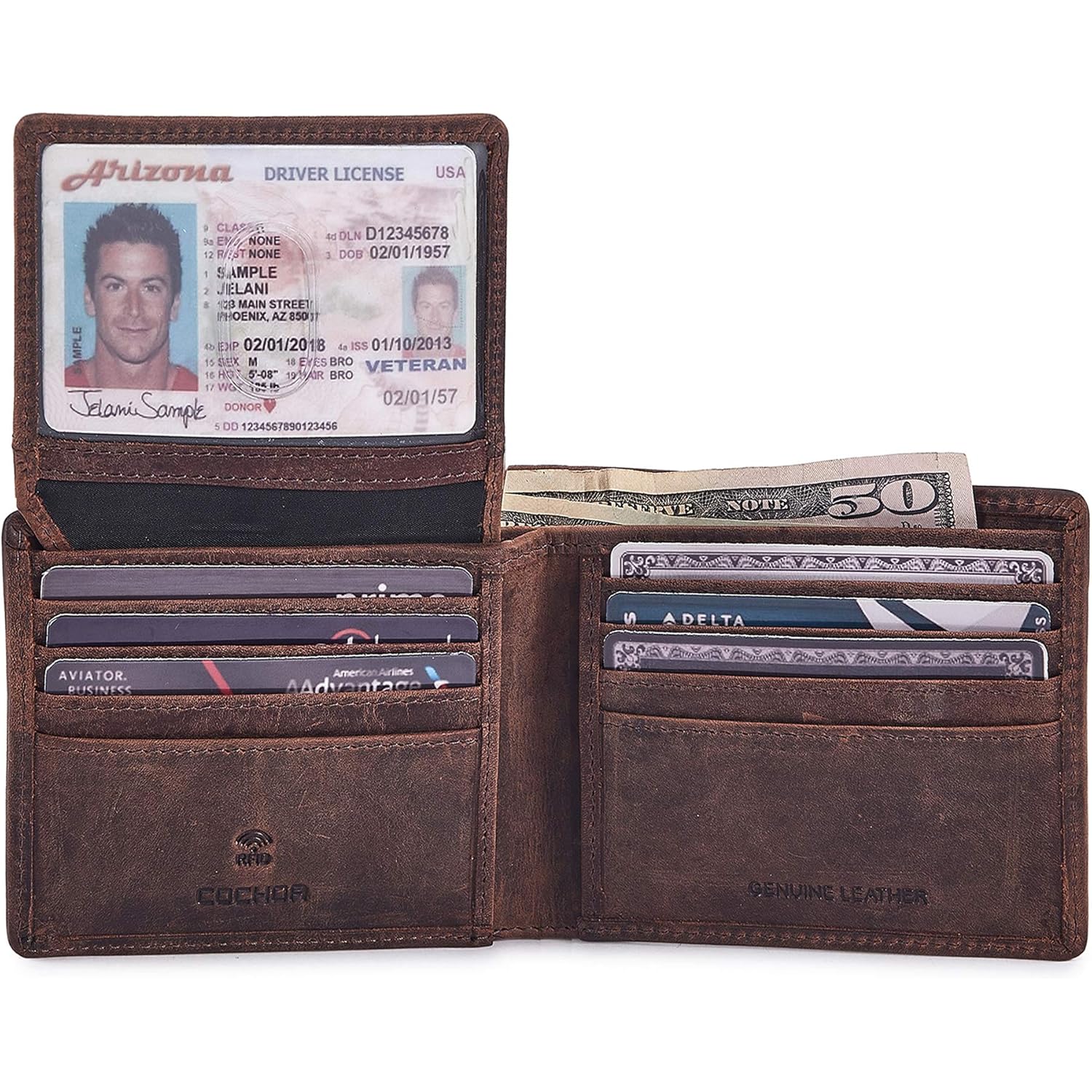 Bifold Wallet for Men's Real Genuine Slim Leather RFID Blocking 2 ID Windows Stylish Travel Gift Box (CRAZY HORSE, COGNAC)