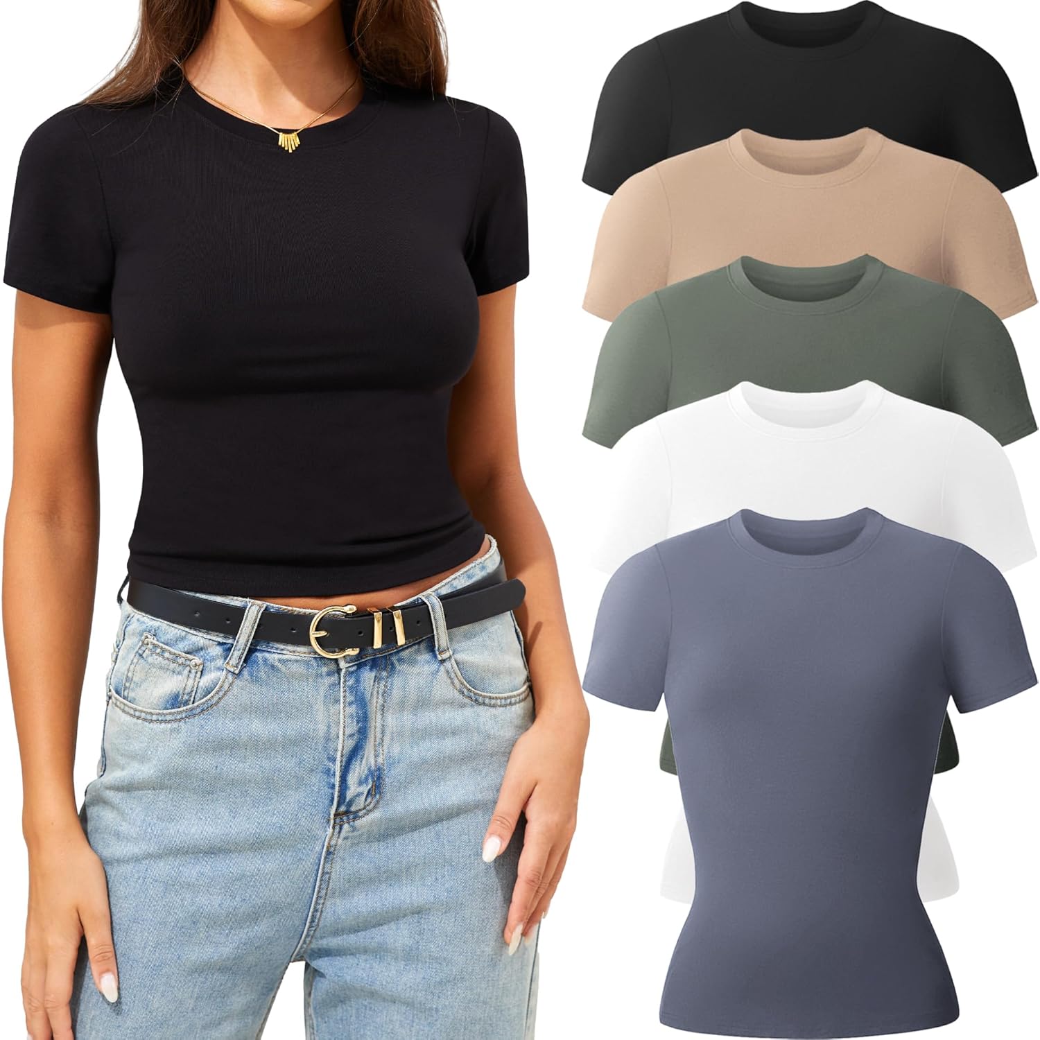 CE' CERDR 3/5 Pack Womens T Shirts Crew Neck Short Sleeve Shirts for Women Casual Basic Fitted Stretchy Tee Tops