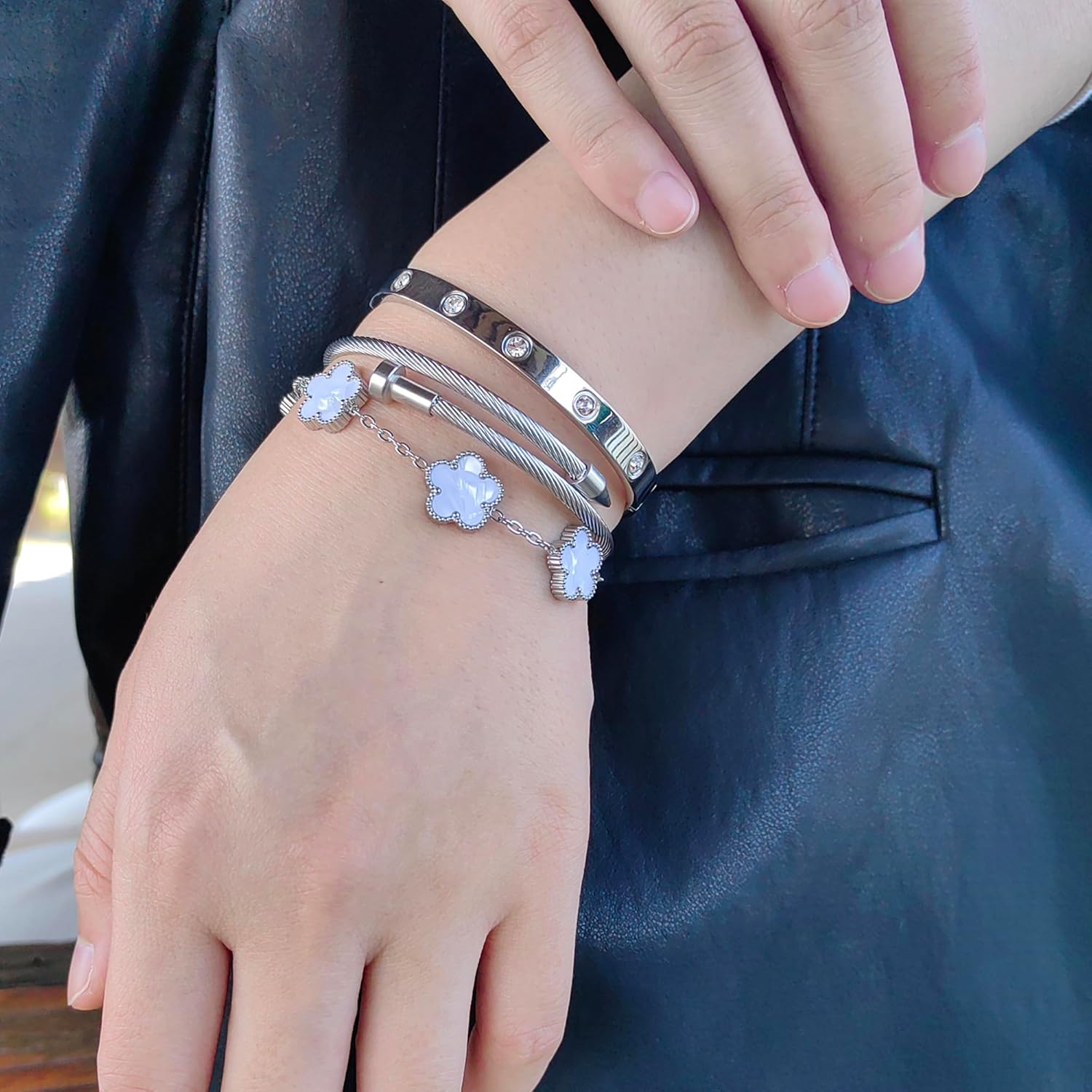 Womens Stackable Floral Silver Bracelets - 3Pcs Stainless Steel Bangle Bracelets Non Tarnish, Silver Bracelet Set Trendy Jewelry, Gifts for Girlfriend