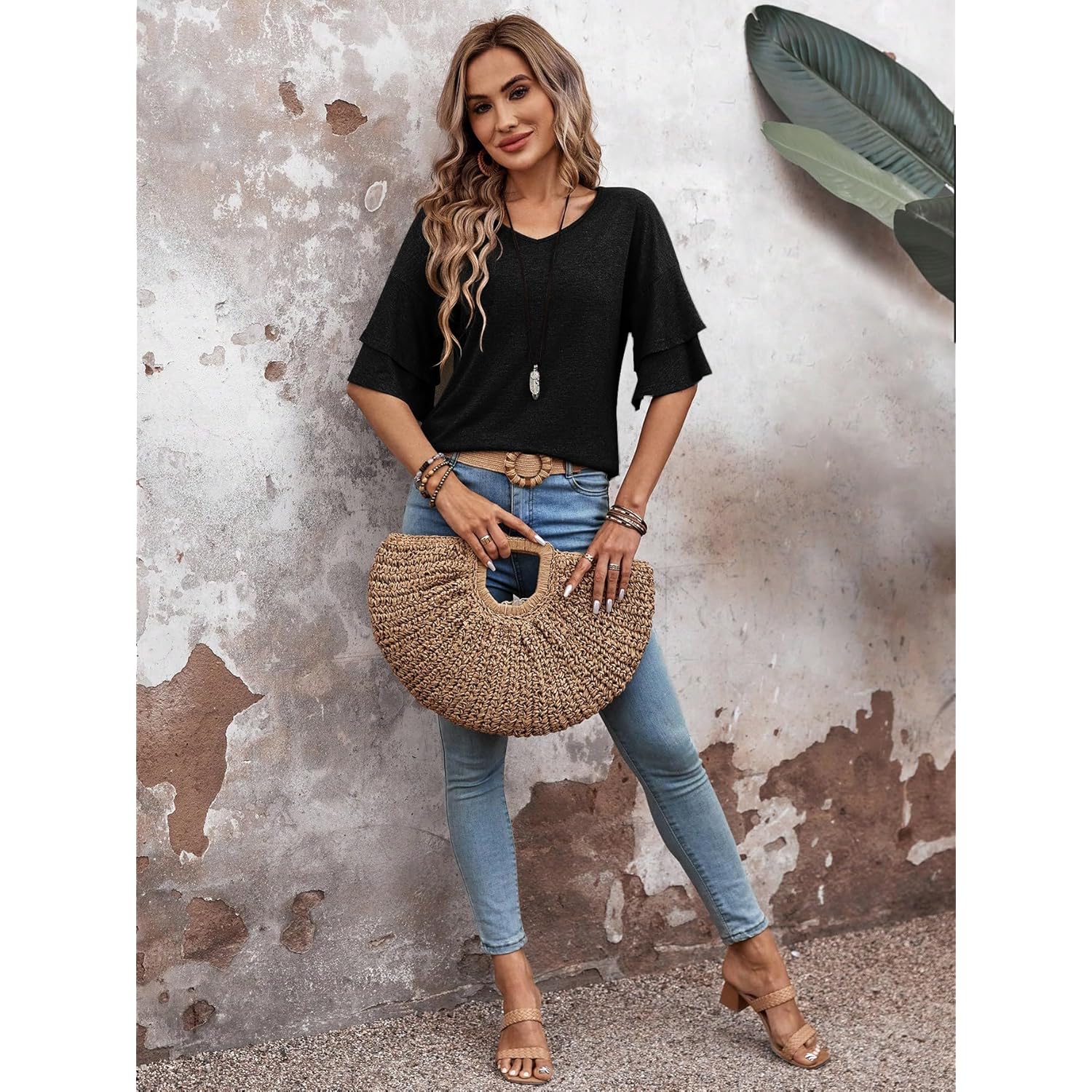 Womens Blouses Ruffle Sleeve T Shirts V Neck Double Tiered Bell Sleeve Top Spring Fall Summer Fashion Clothes Cute Tunic