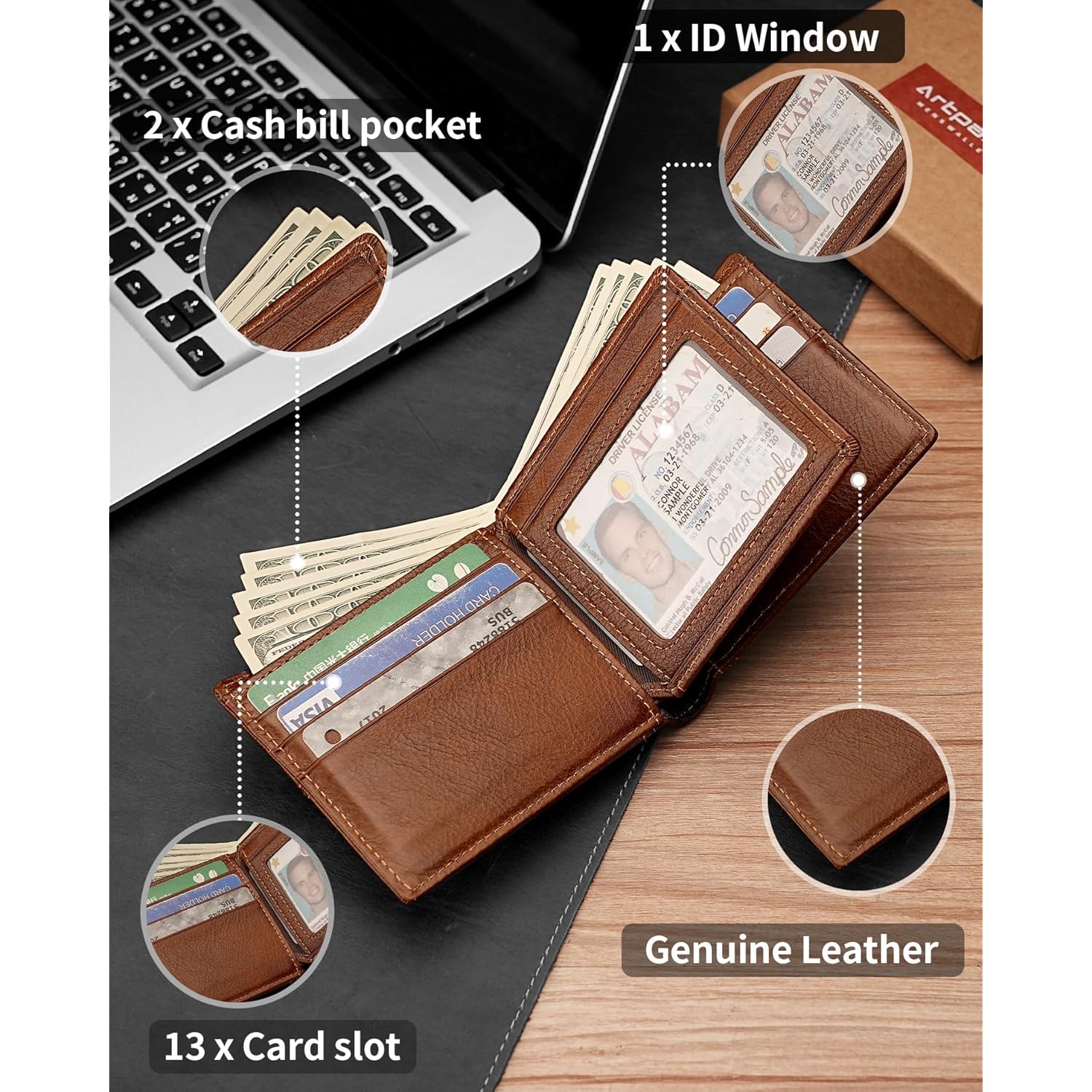 Mens Wallet Genuine Leather Bifold RFID Blocking Wallet for Men with 1 ID Window 13 Card Holders 2 cash pockets 1 Gift Box