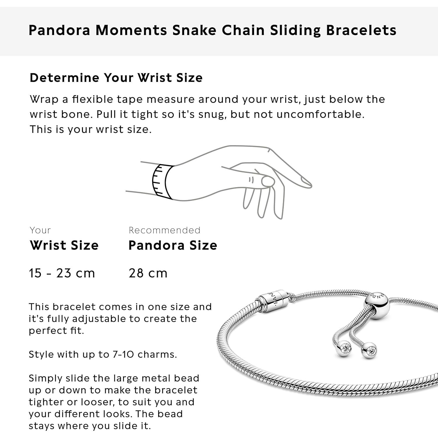 PANDORA Moments Snake Chain Slider Bracelet - Charm Bracelet for Women - Sterling Silver with Clear Cubic Zirconia - 11"