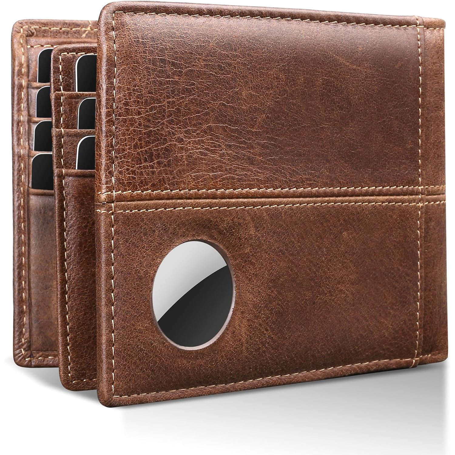 Swallowmall AirTag Wallet Mens RFID Blocking Genuine Bifold Leather Wallets for air tag Men's Wallet with 1 ID Window 15 Card Slots (Airtag Not included)