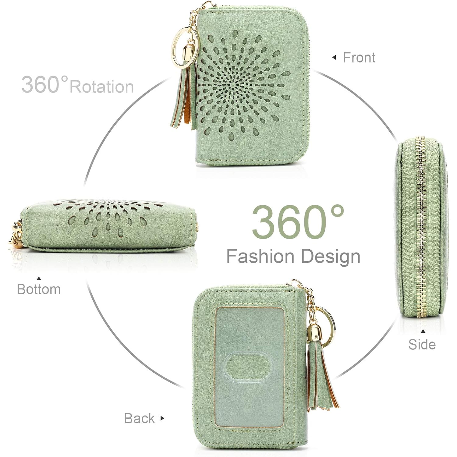 APHISON RFID Credit Card Holder Zipper Card Case Keychain Small Wallet for Women 1927 GREEN