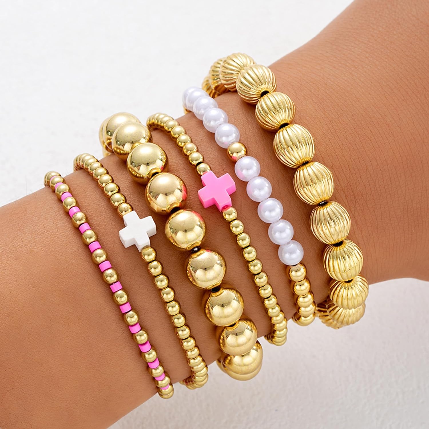 HUASAI Gold Beaded Bracelet Stack for Women Trendy Non Tarnish Chunky Stretch Paperclip Cross Pearl Bracelets Set Stackable Jewelry Costume Accessories