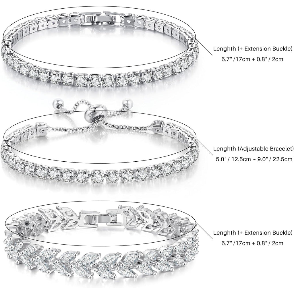 3 Pcs Tennis Bracelet Set 14K Gold Plated Marquise Cubic Zirconia CZ Diamond Dainty Adjustable Silver Bracelets for Women Brides Stackable Fashion Jewelry Wedding Prom Gift