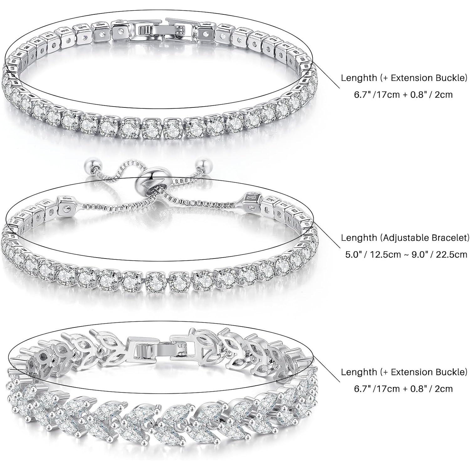 3 Pcs Tennis Bracelet Set 14K Gold Plated Marquise Cubic Zirconia CZ Diamond Dainty Adjustable Silver Bracelets for Women Brides Stackable Fashion Jewelry Wedding Prom Gift