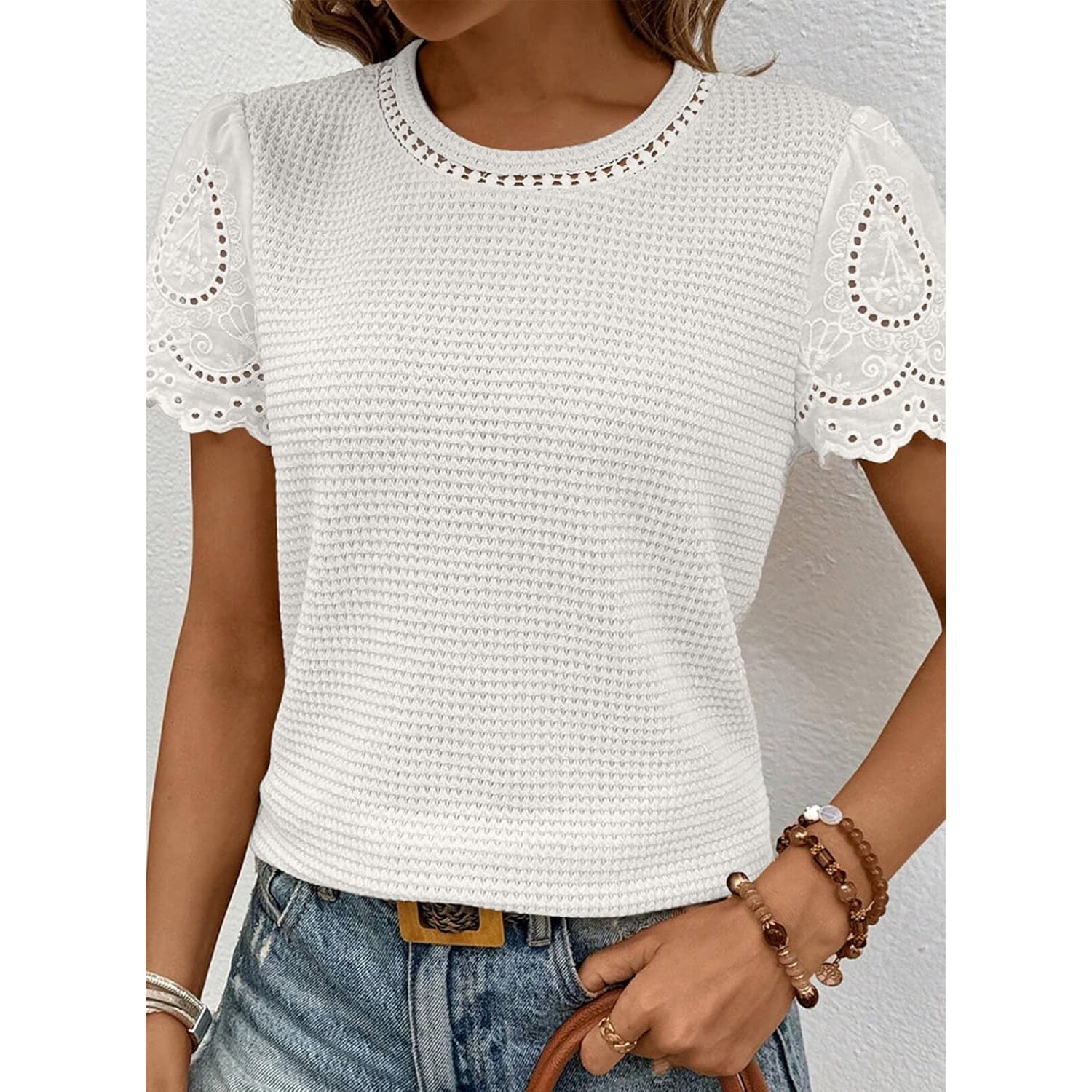 SHEWIN Womens Frenchy Summer Tops Crewneck Short Sleeve T Shirts Casual Waffle Knit Jacquard Blouses Top Shirts