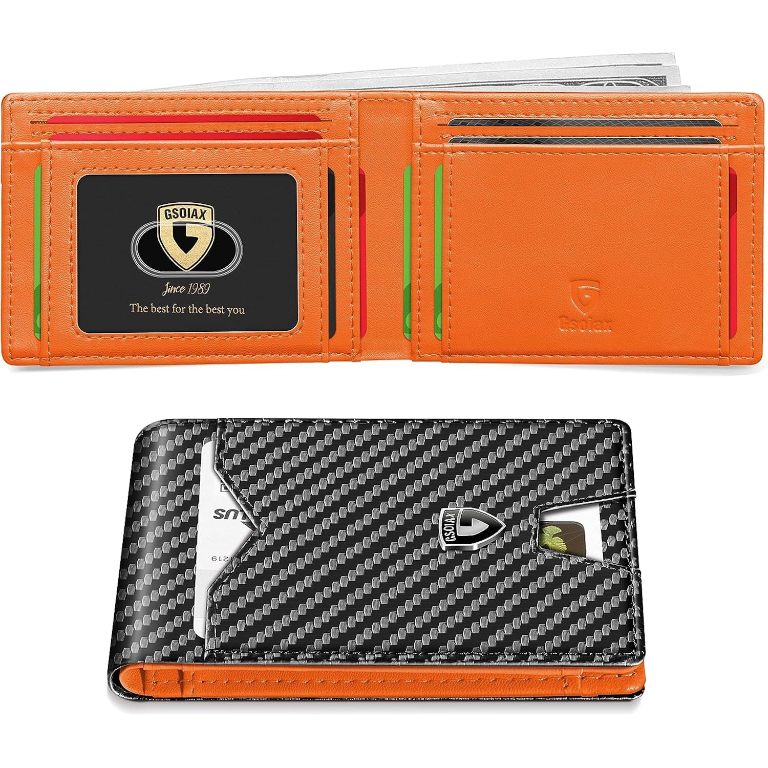 GSOIAX Mens Slim Wallet for Men Minimalist Genuine Leather Carbon Fiber Rfid Blocking Bifold Credit Card Holder With Gift Box (Carbon Black and Orange)