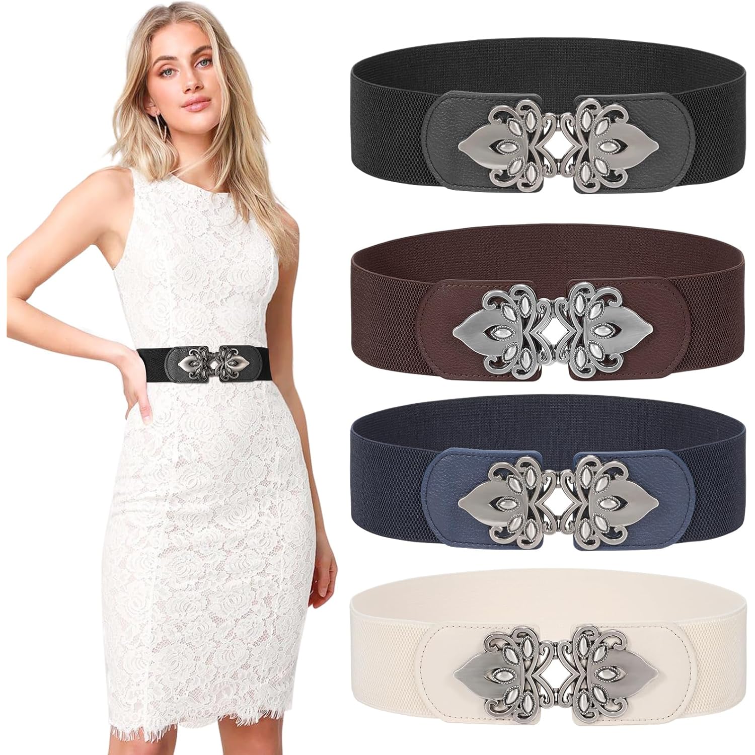 LEACOOLKEY 4 Pack Women Wide Elastic Waist Belt for Dress Plus Size Vintage Stretch Cinch Belt Retro Buckle 2.36" Width