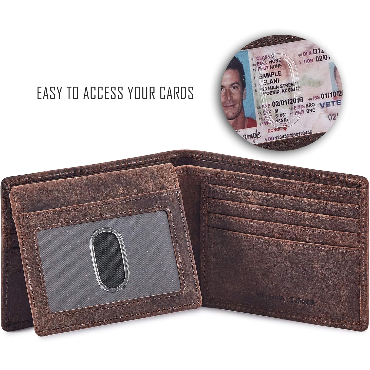 Bifold Wallet for Men's Real Genuine Slim Leather RFID Blocking 2 ID Windows Stylish Travel Gift Box (CRAZY HORSE, COGNAC)