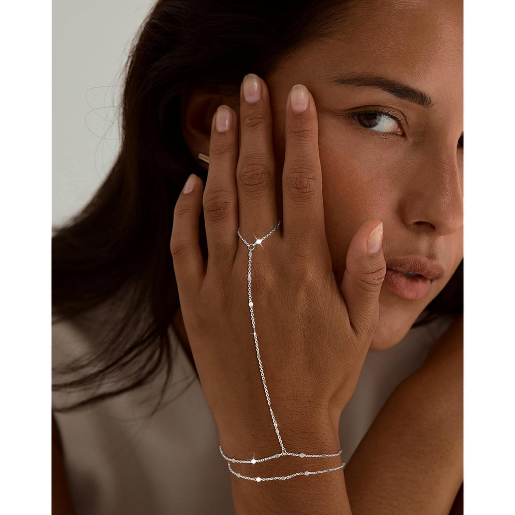 Moodear Sterling Silver Dainty Ring Bracelet Hand Chain for Women - 14K Gold Plated/Sterling Silver Layered Adjustable Satellite Bead Paperclip Dot CZ Link Hand Chain Bracelets Non Tarnish Trendy Jewelry Gift