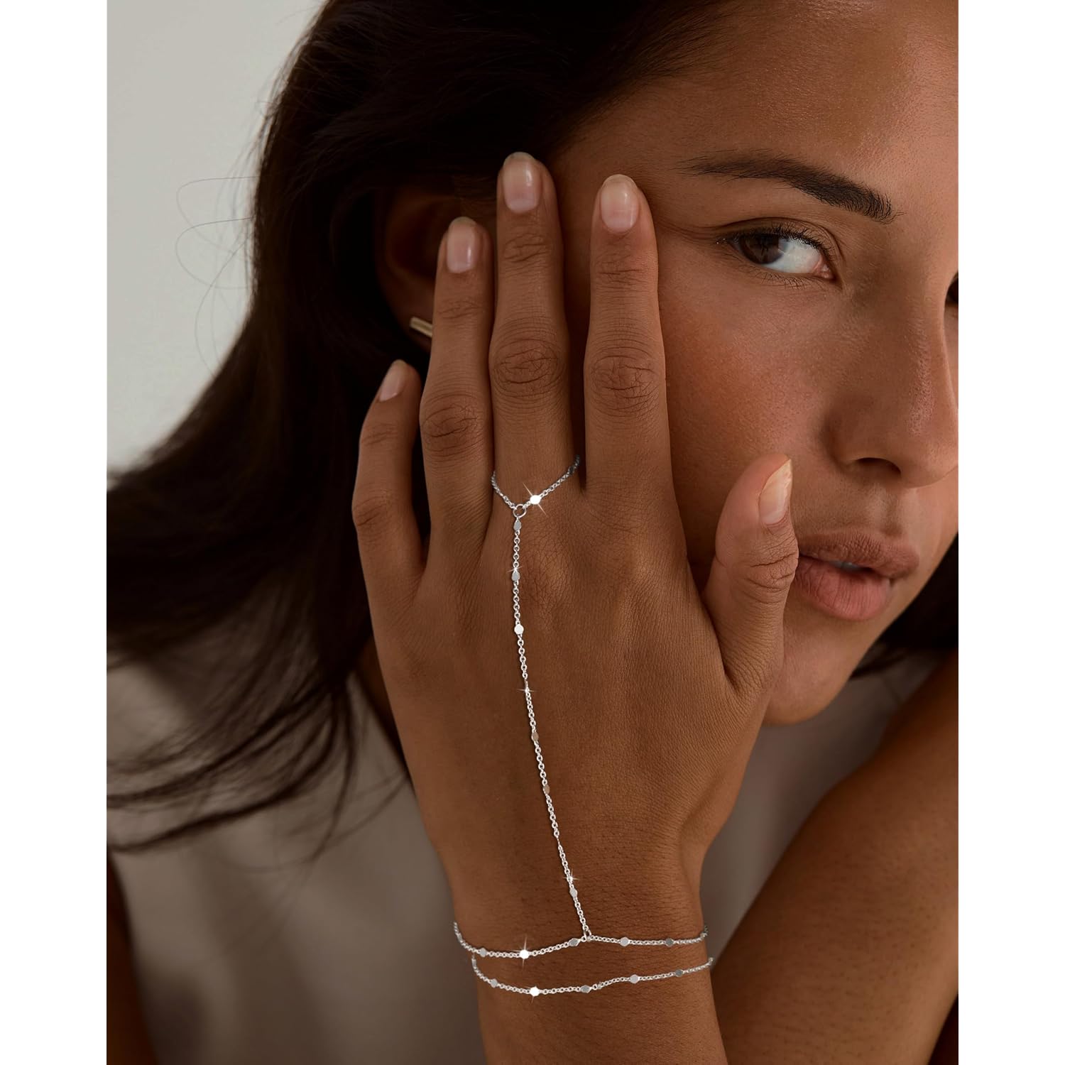 Moodear Sterling Silver Dainty Ring Bracelet Hand Chain for Women - 14K Gold Plated/Sterling Silver Layered Adjustable Satellite Bead Paperclip Dot CZ Link Hand Chain Bracelets Non Tarnish Trendy Jewelry Gift