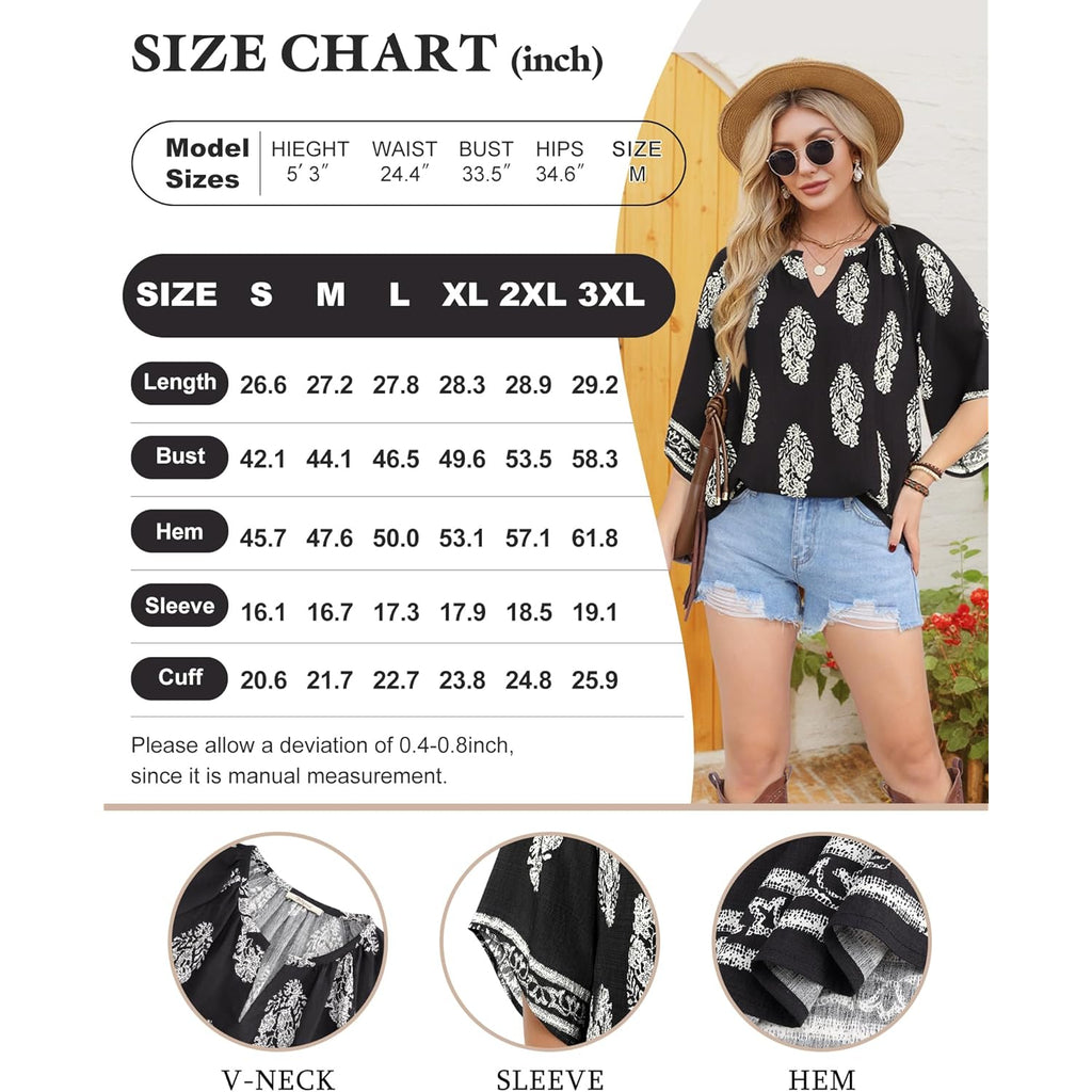 Bebonnie Womens 3/4 Sleeve V Neck Bohemian Peasant Blouses Casual Loose Fit Tunic Tops