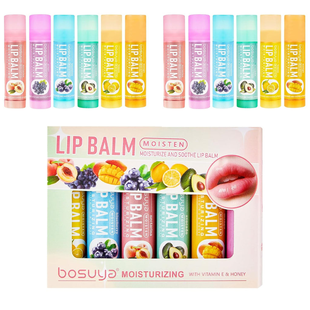 12 Pack Lip Balm Set Fruit Flavored 6Flavors Natural Lip Balm Bulk for Dry Cracked Lips Long Lasting Lip Care Products Anti Chapping Lip Moisturizers Travel Size Winter Anti-Crack Fruity
