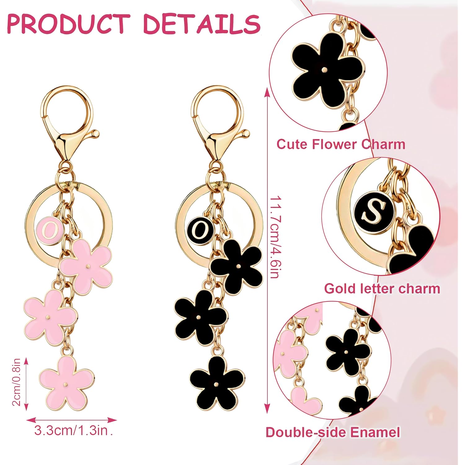 A-Z Letter Keychain for Women, Black and Pink Letter Key Chains Women Cute, Bag and Purse Charms for Handbags