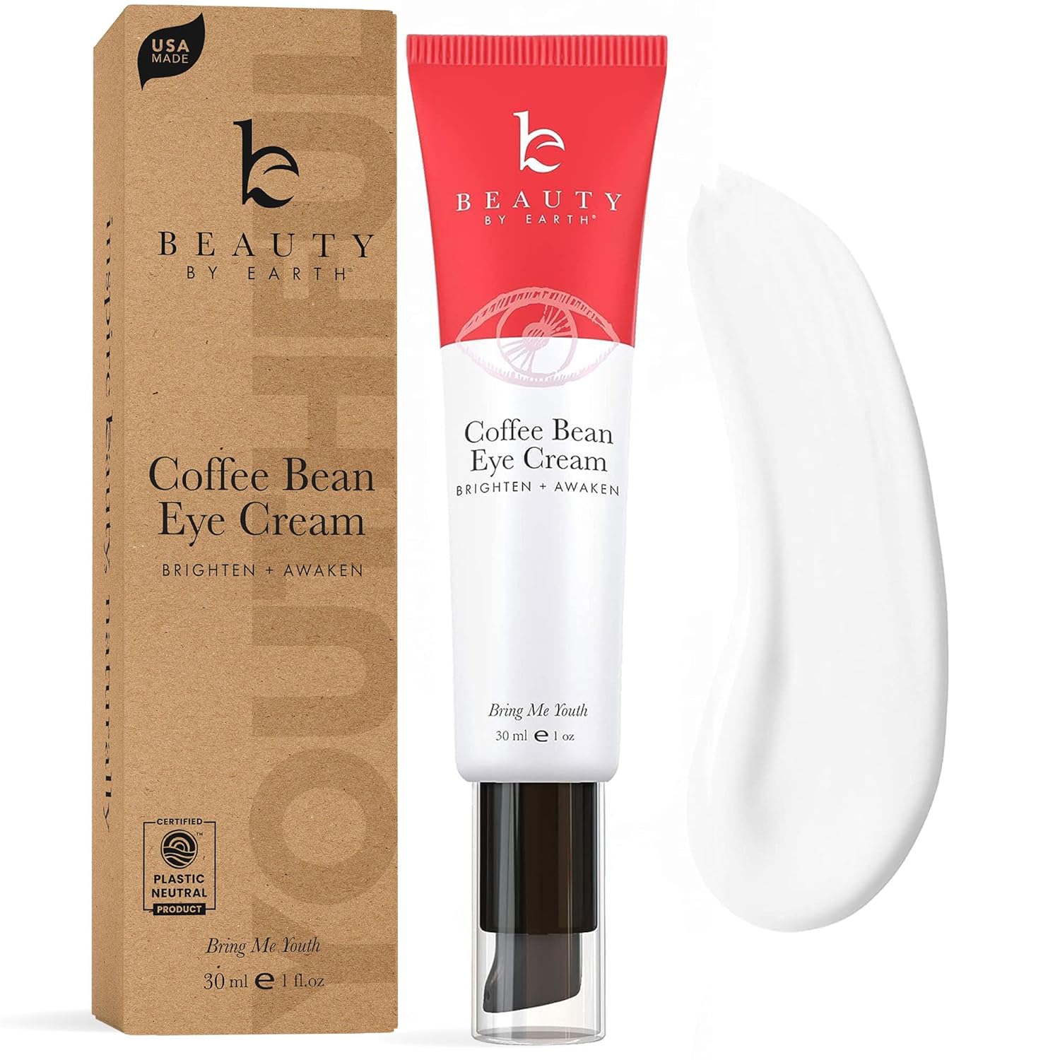 Beauty by Earth Caffeine Eye Cream for Puffiness & Bags Under Eyes - USA Made with Natural & Organic Ingredients, Under Eye Cream for Dark Circles with Glycerin & Vitamin E, Brightens & Refreshes
