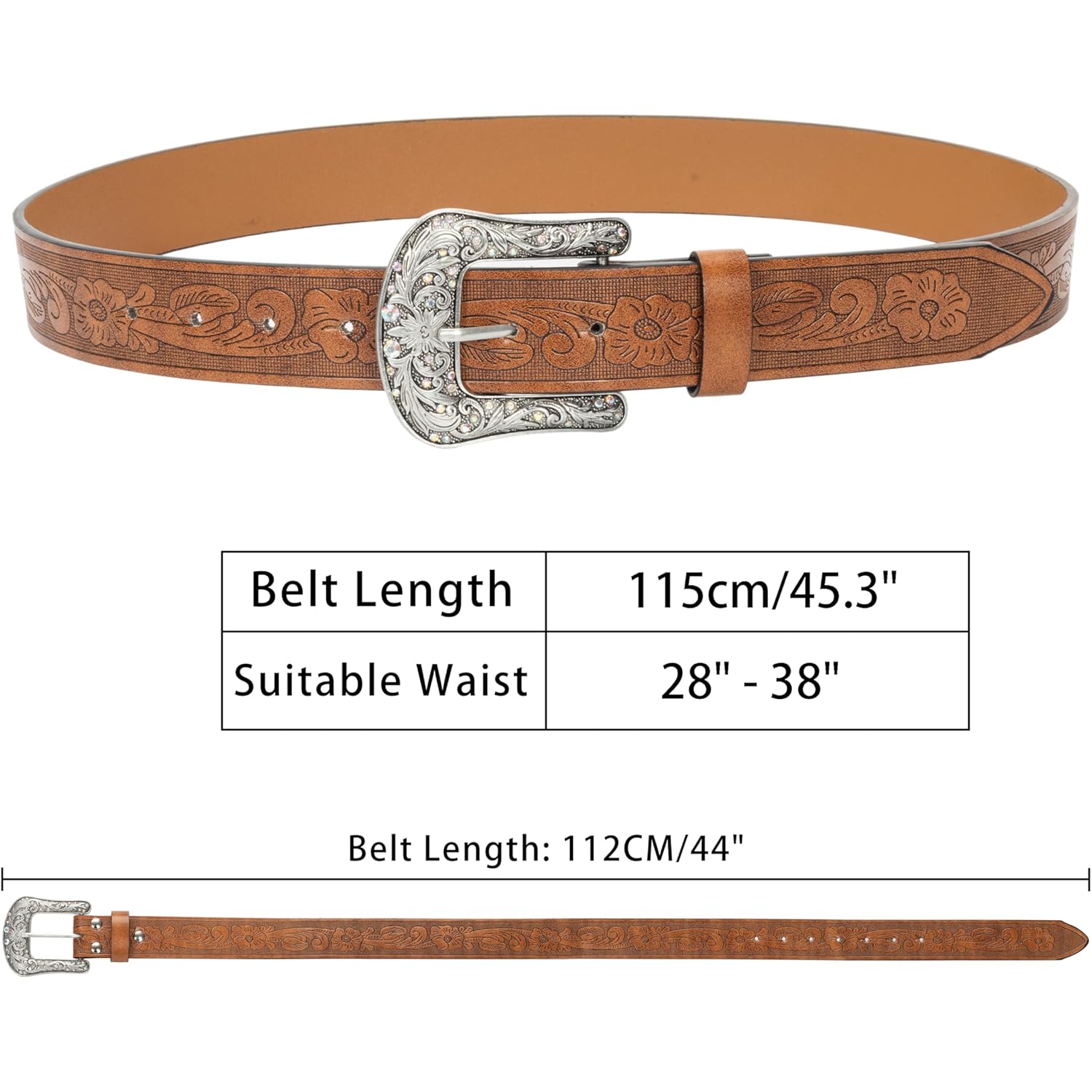 Western-Belt-for-Women-Cowgirl, PU-Leather-Waist-Belts with Vintage-Carved-Buckle and Tips-Ends for Jeans Pants Dresses