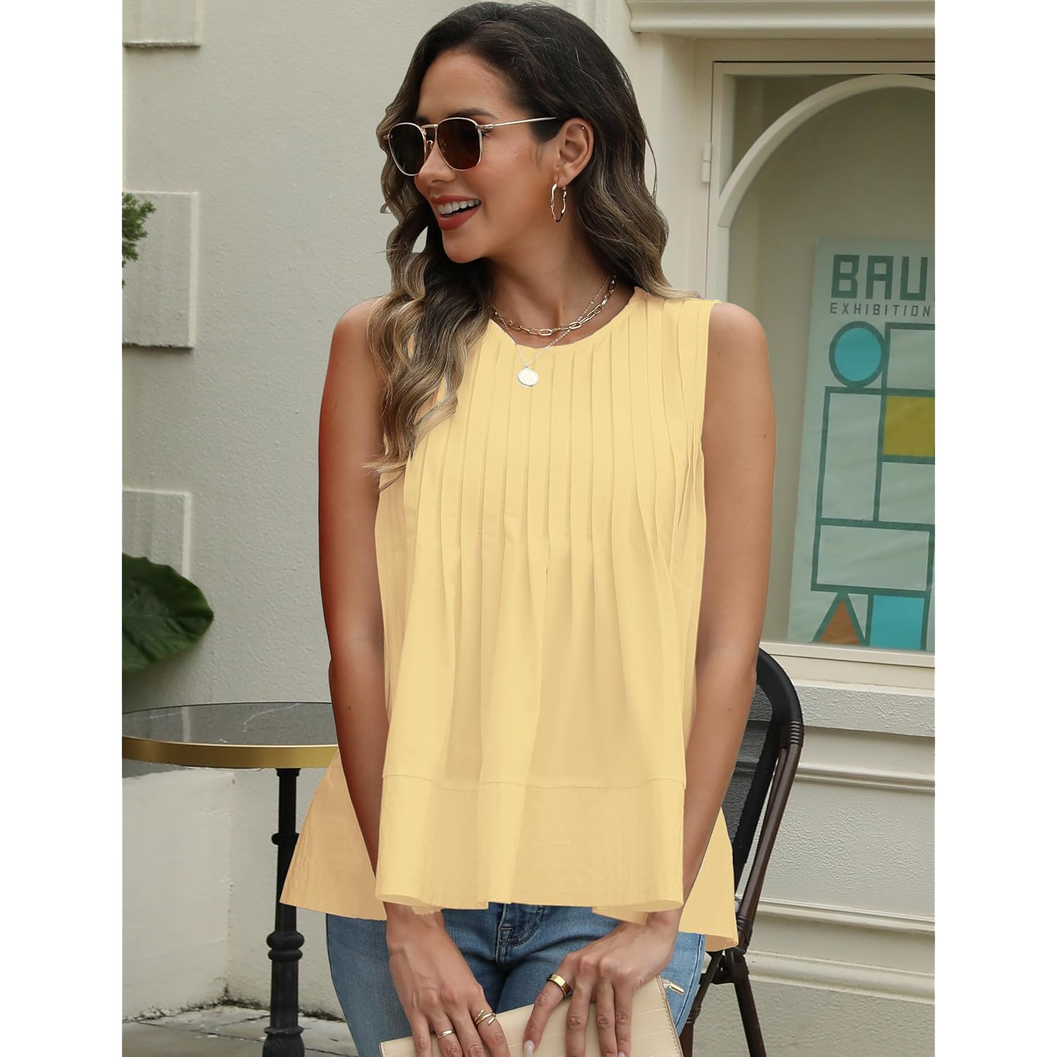 Womens Summer Pleated Peplum Sleeveless Blouse Tank Tops Round Neck Y2K Babydoll Blouse Shirt