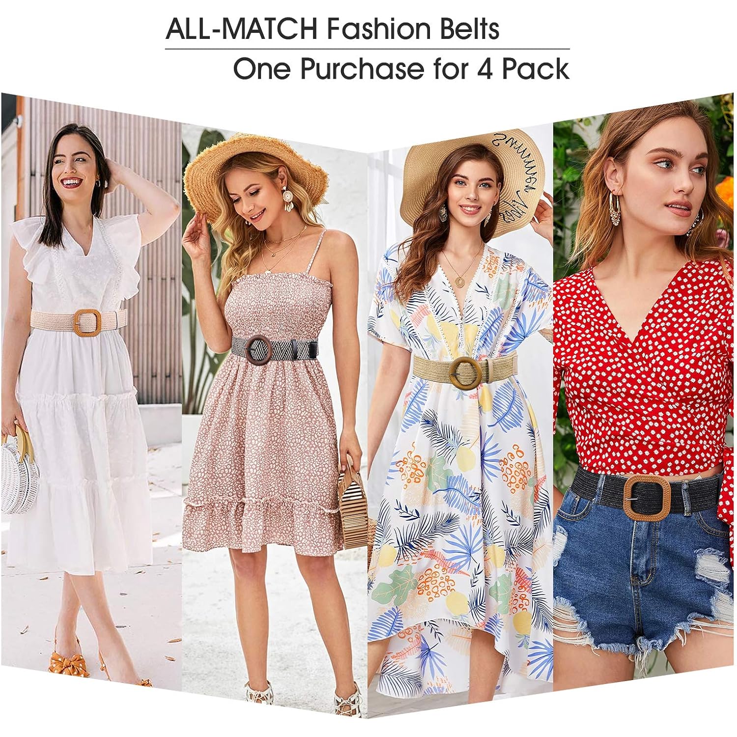 WHIPPY Set of 3/4 Straw Woven Elastic Stretch Waist Belts for Women, Fashion Boho Ladies Braided Skinny Dress Belt