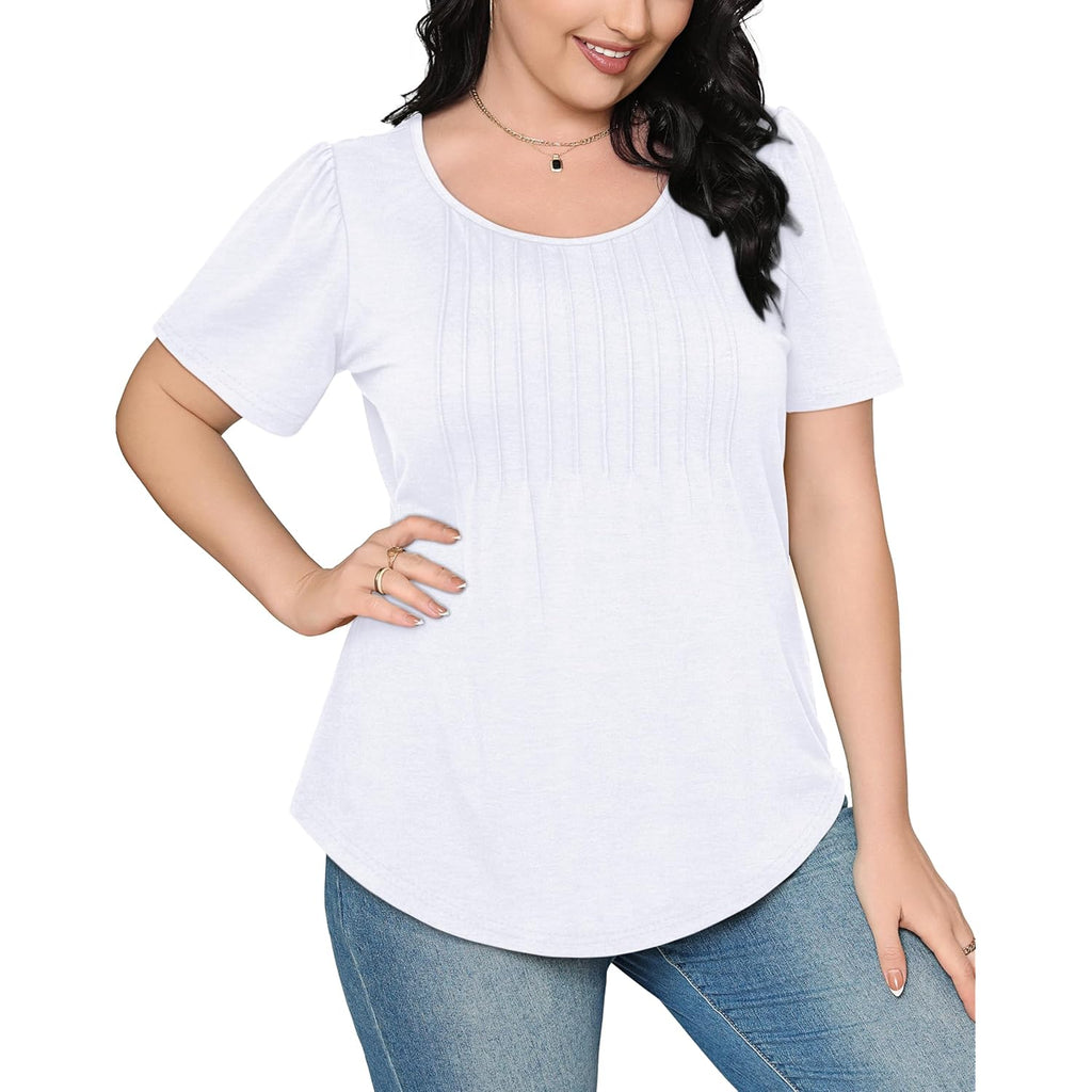 OFEEFAN Womens T Shirts Short Sleeve Pleated Dressy Casual Scooped Neck Summer Tops Blouses