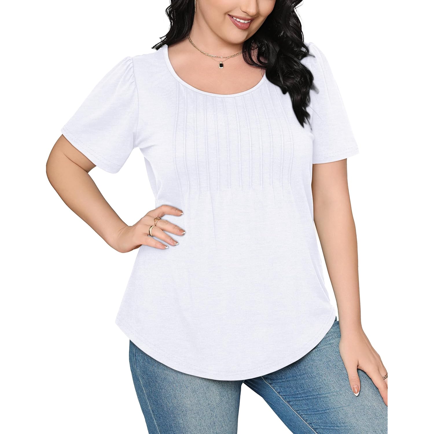 OFEEFAN Womens T Shirts Short Sleeve Pleated Dressy Casual Scooped Neck Summer Tops Blouses