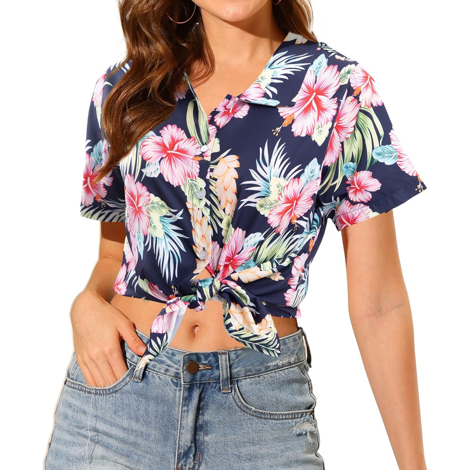MYHALF Women Hawaiian Shirt Soft Cool Summer Hawaii Shirts Floral Tropic Print V Neck T-Shirt Short Sleeve Button Up Tops