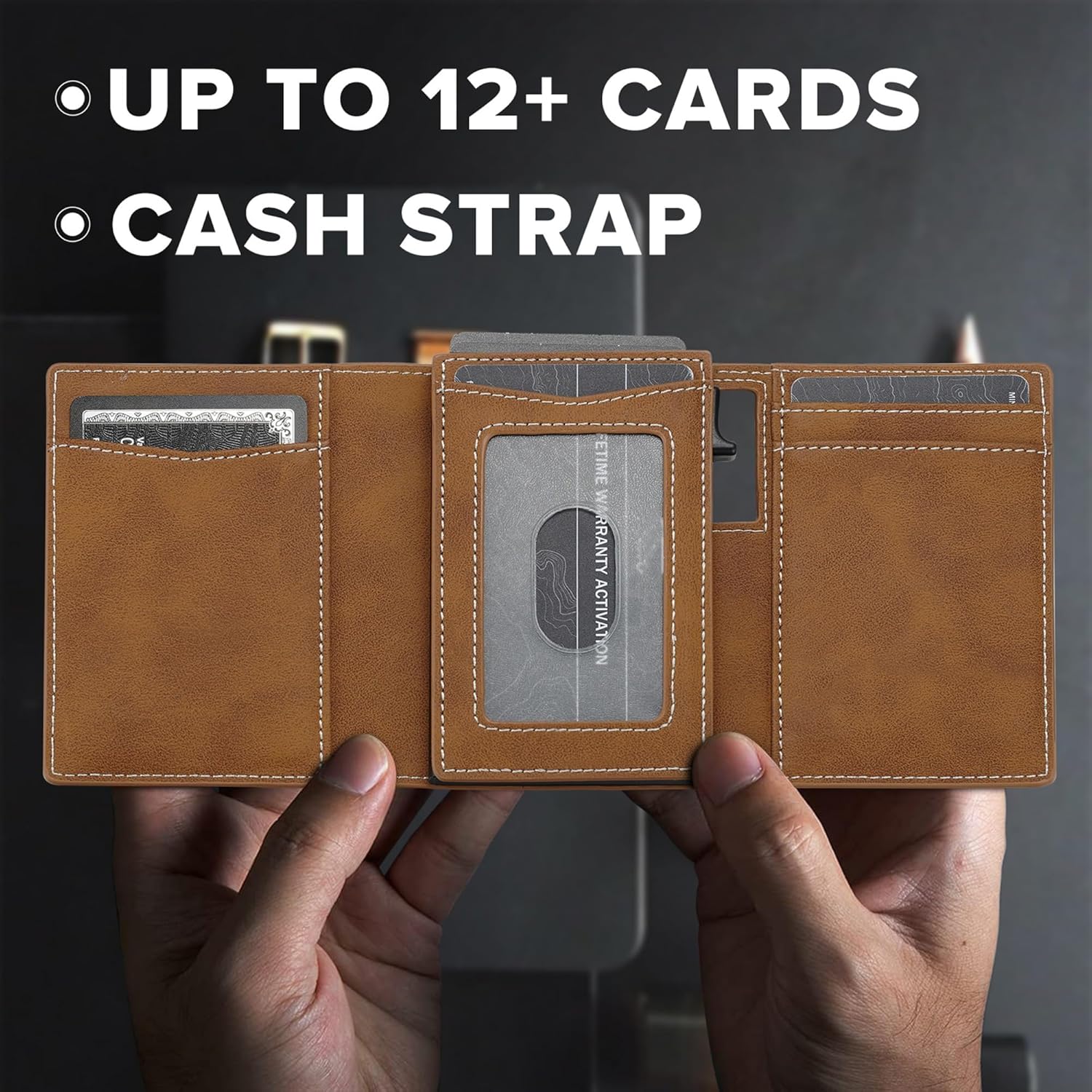 Leather Wallet for Men Slim Minimalist: Smart Pop Up Wallet with Cash Strap - RFID Front Pocket Trifold Credit Card Holder - Gift for Man Husband at Anniversay Brithday