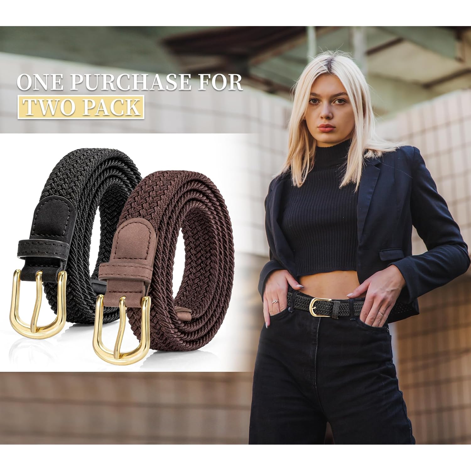 2 Pack Braided Belt for Women, Elastic Woven Stretch Fabric Cloth Belt with Gold Buckle