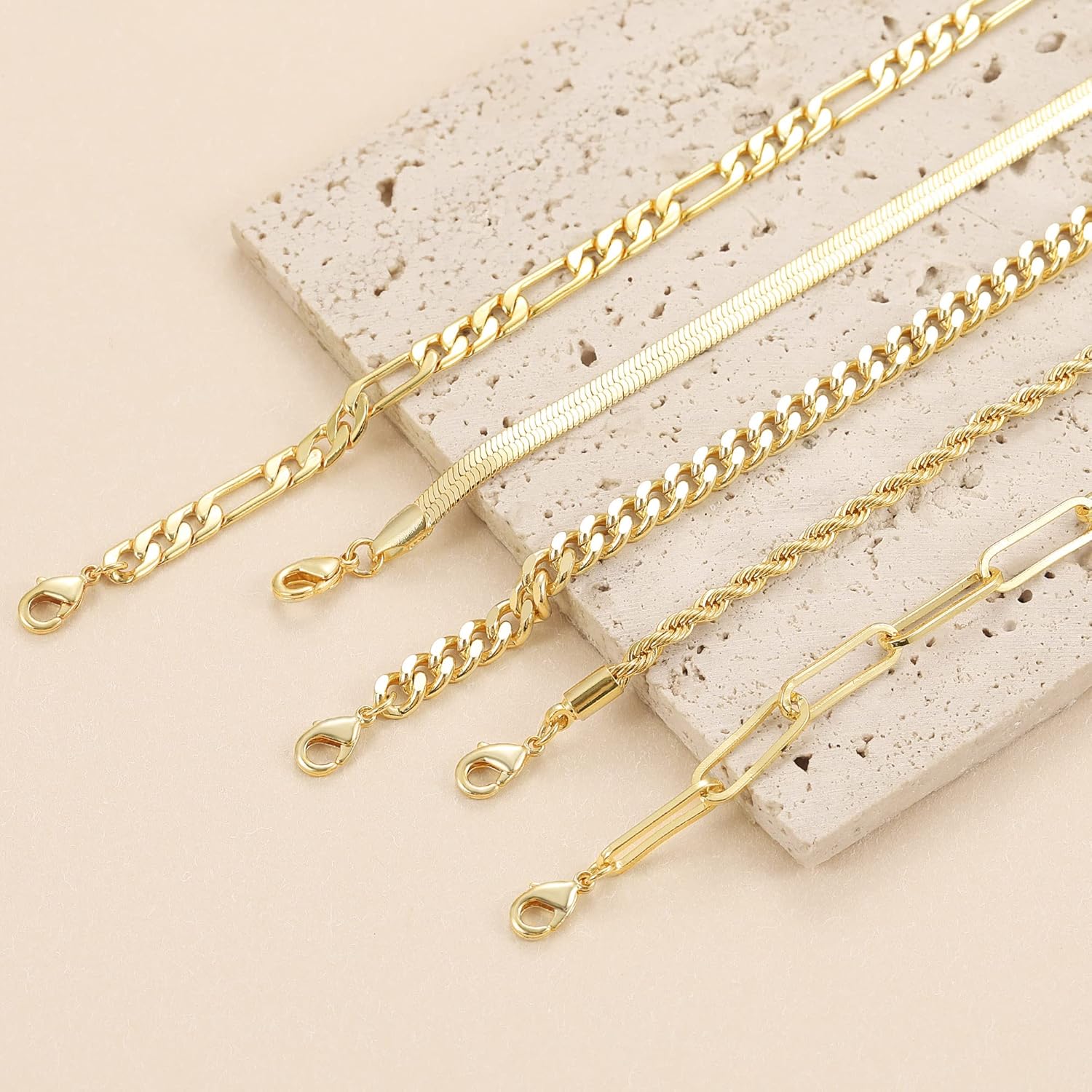DEARMAY Gold Bracelets - Real 14K Women's Cute Tennis Cubic Beaded Link Paperclip Dainty Bracelet Pack
