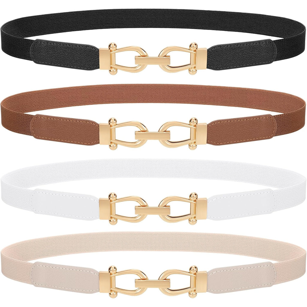 4 Pack Skinny Elastic Belts for Women Gold Buckle Thin Stretchy Waist Belts for Dresses