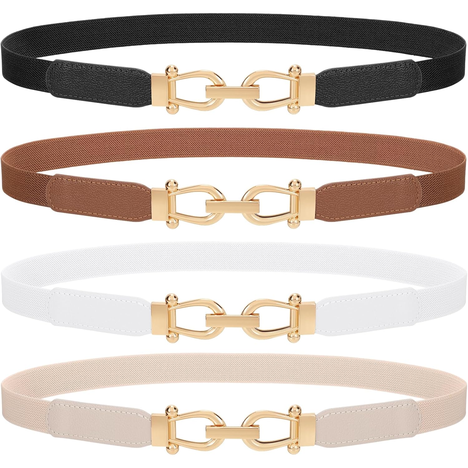 4 Pack Skinny Elastic Belts for Women Gold Buckle Thin Stretchy Waist Belts for Dresses