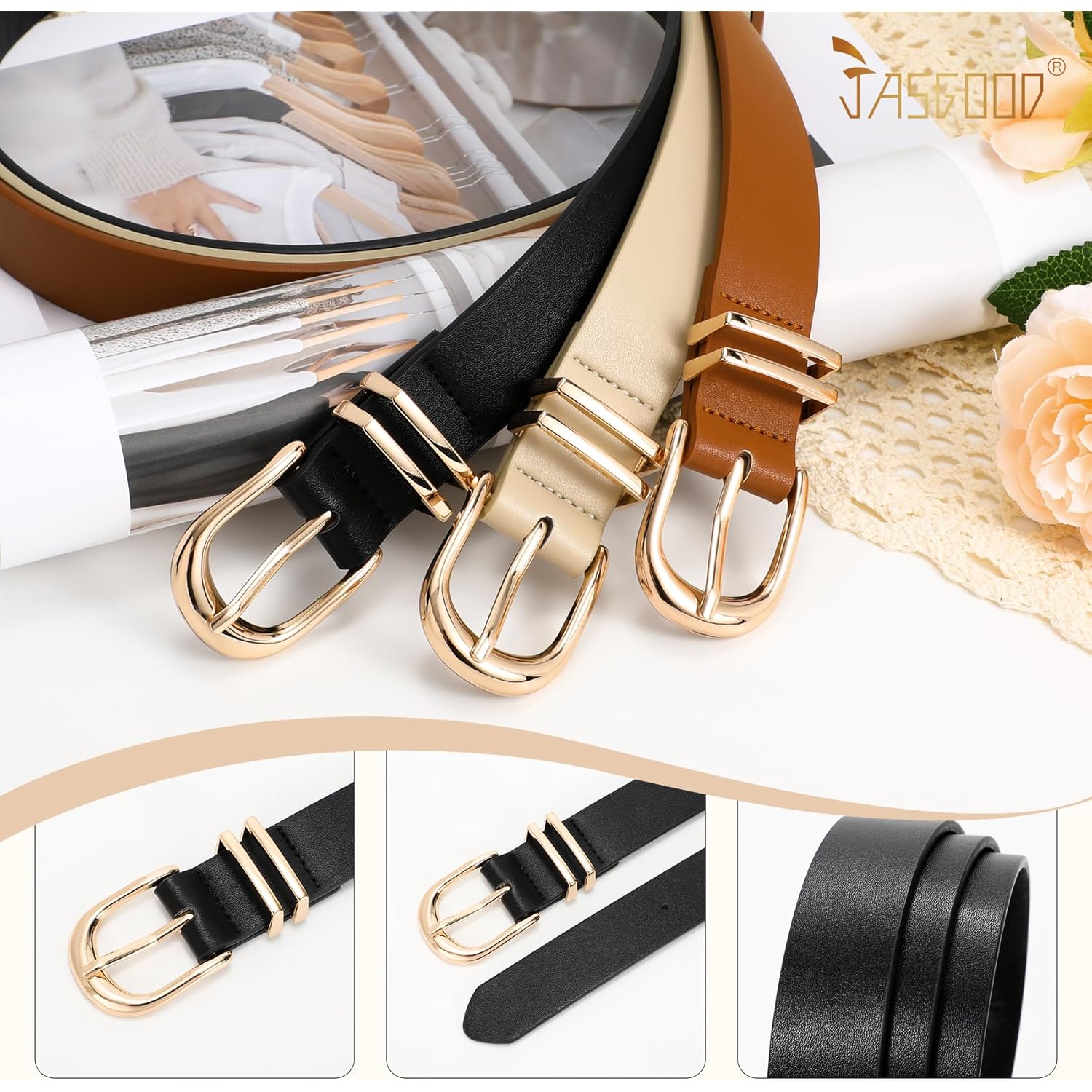 JASGOOD 3 Pack Women Leather Belts For Jeans Dresses Pants Ladies Faux Leather Waist Belt with Gold Buckle