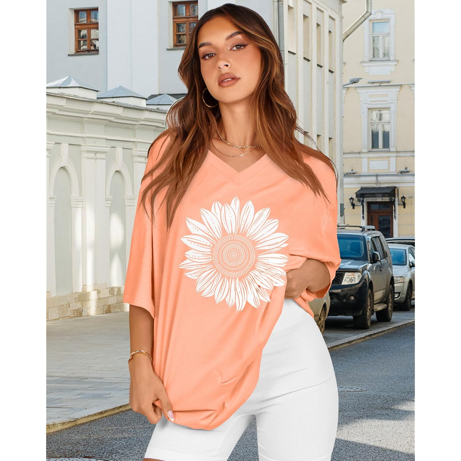 Oversized Tshirts for Women V Neck Short Sleeve Summer Casual Basic Loose Tops