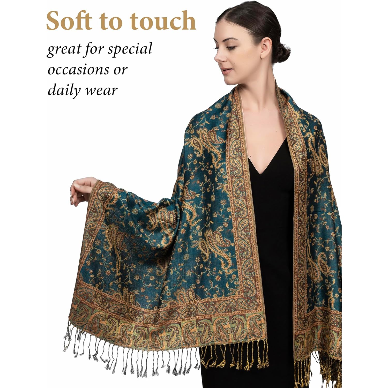 Achillea Reversible Paisley Pashmina Rave Scarf – Exotic Indian Shawls and Wraps for Evening Dresses, Festivals, All Seasons