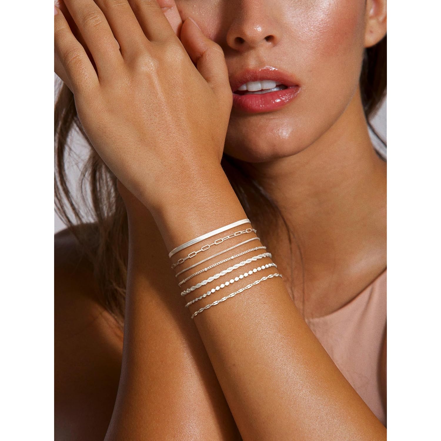 Kyerlyn Silver Bracelets for Women Trendy Waterproof Silver Dainty Bracelet Stack Adjustable Layered Bracelet Set Minimalist Fashion Jewelry